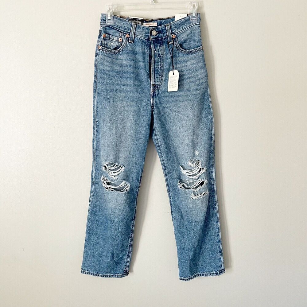 Levi’s Size 25 Ribcage Straight Ankle Jeans Button Fly Distressed Knees NEW NWT